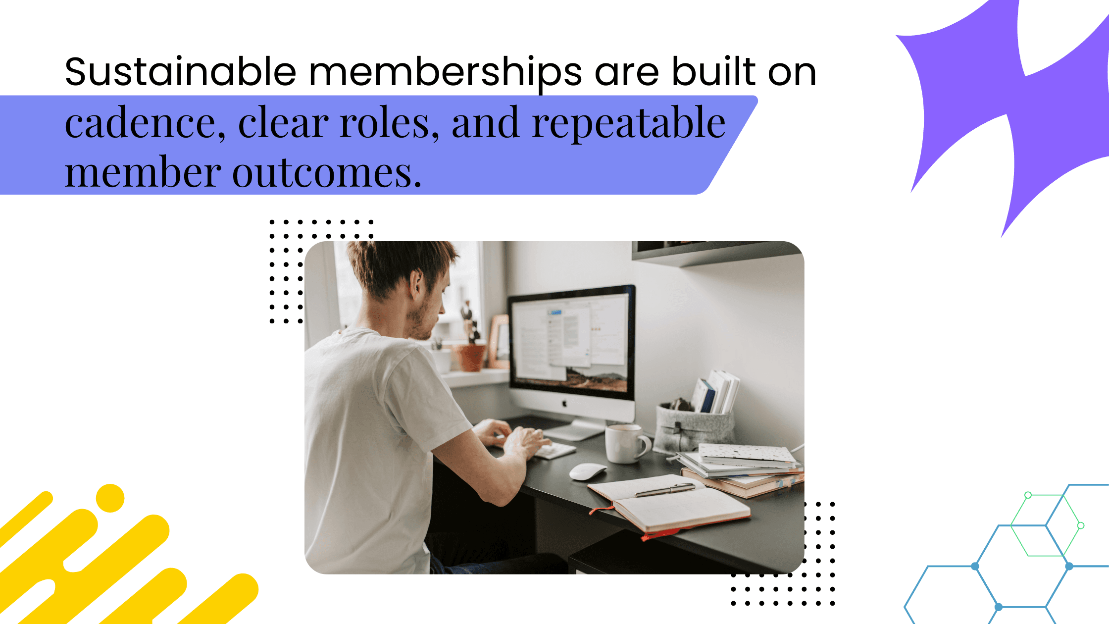 Coach working at a desk with structured tools, showing how sustainable memberships rely on cadence, clear roles, and repeatable outcomes.