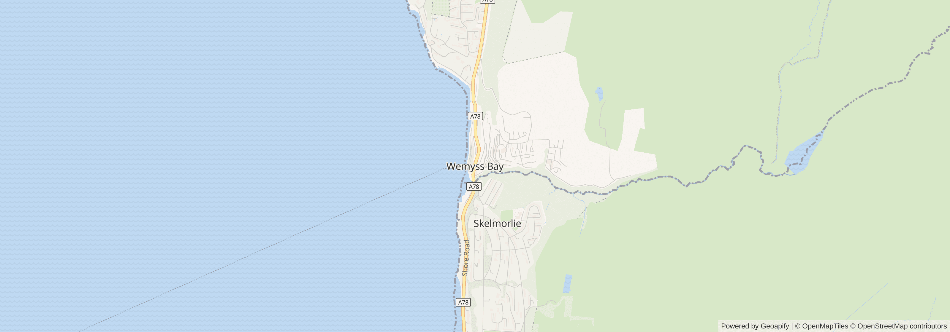 Street map of Wemyss Bay, Inverclyde showing main roads and nearby areas