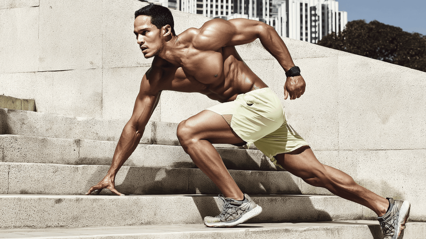 Athletic man in motion on outdoor stone steps, with overlay text '90 Days Will Fly — No Matter What You Do' and a call-to-action button saying 'Start Today And Become Your Best Self'.