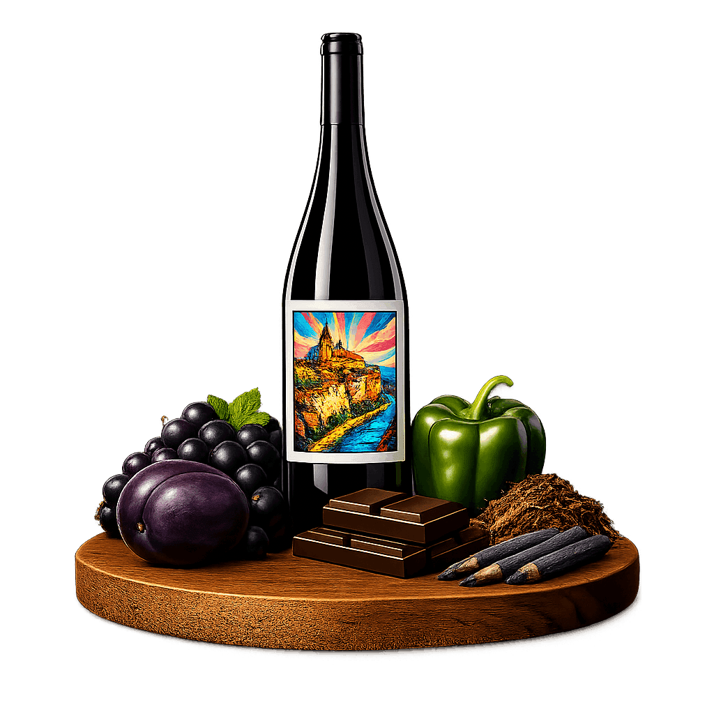Artistic label and flavor profile for Moldovan Cabernet Sauvignon on a rustic wooden table.