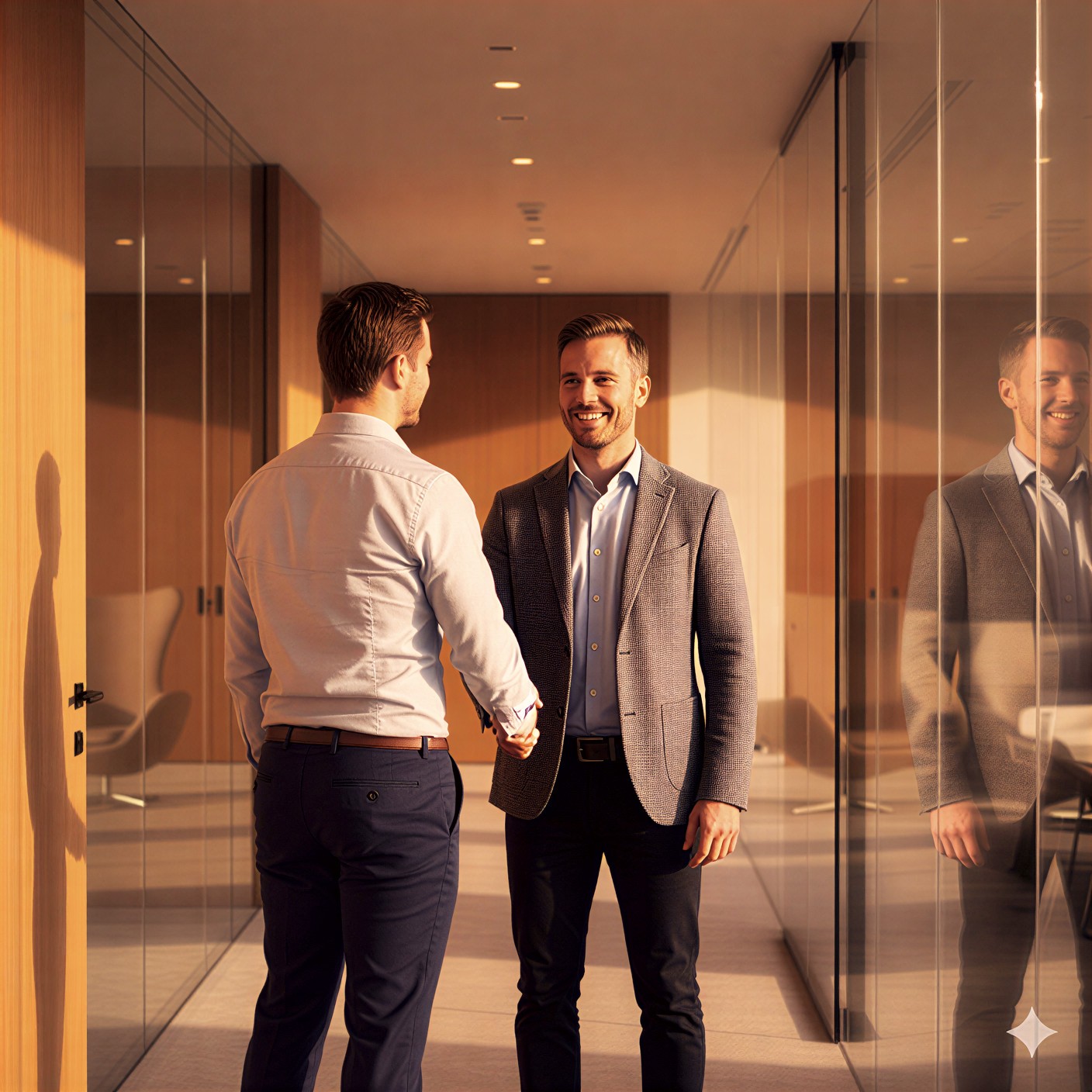 Two businessmen shaking hands in a modern, sunlit office setting.