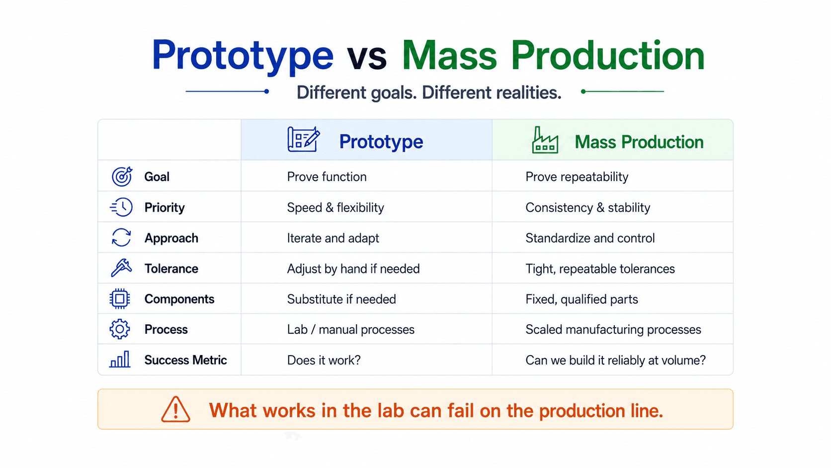 Comparison chart explaining the differences between prototype and mass production in goals, priorities, tolerances, components, process, and success metrics.