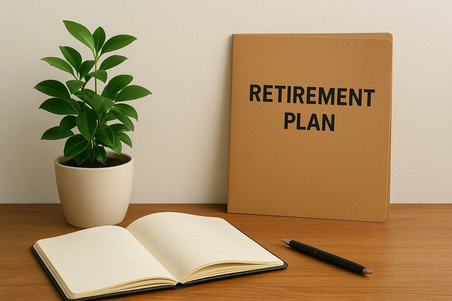 Calm office corner with a plant, a notebook, and a folder labeled Retirement Plan, creating a feeling of confidence and clarity.