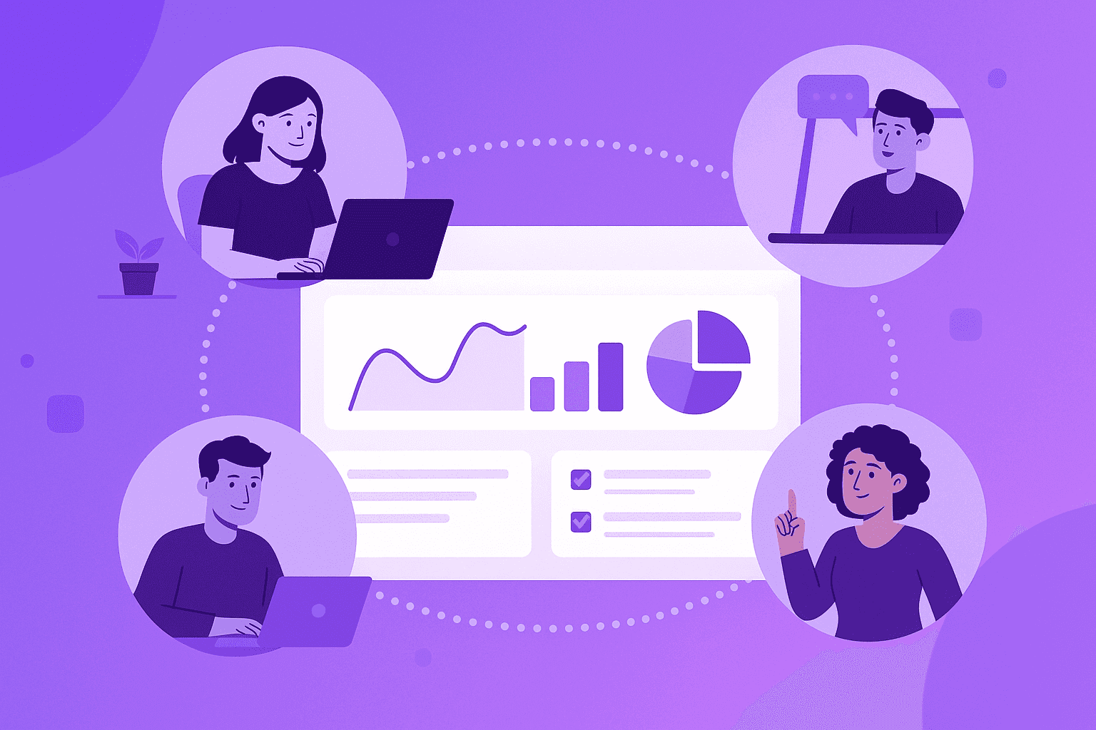 Flat digital artwork of a remote team linked by flowing data lines, representing real-time collaboration and outcome-based productivity tracking.