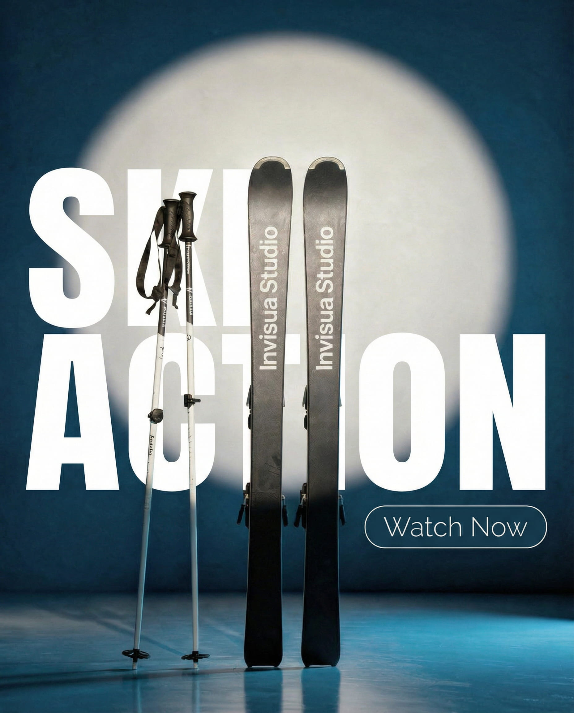 A pair of skis with stick in a blue studio with text behind it