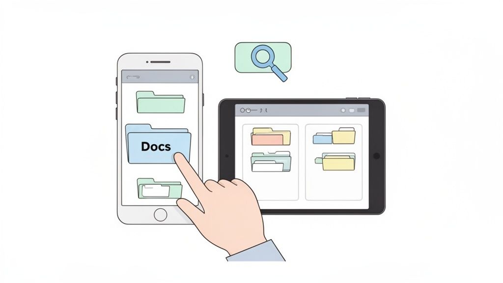 A hand taps a 'Docs' folder on a smartphone, demonstrating digital file management across devices.