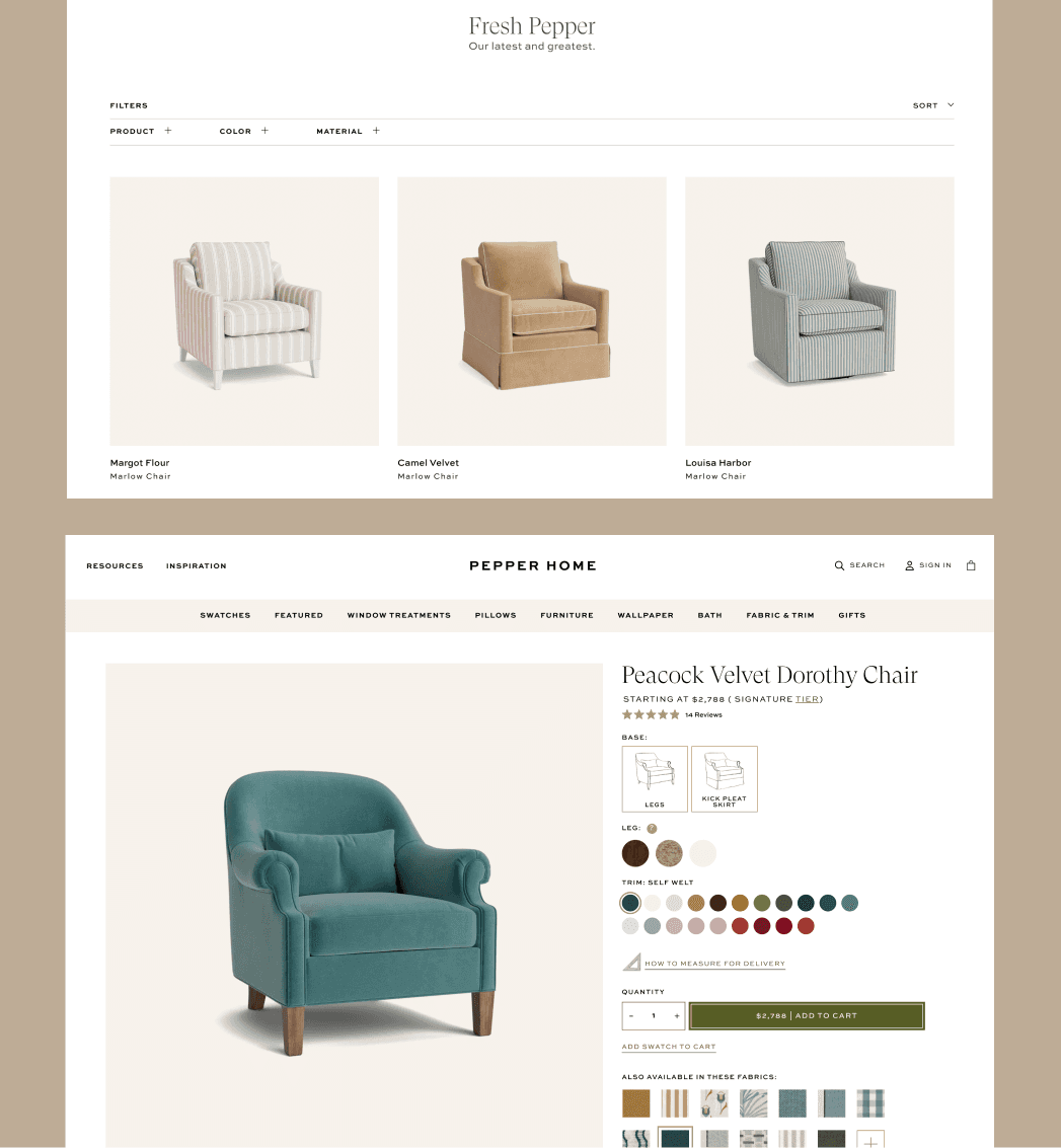 Shopify collection and product page for Pepper Home displaying furniture and fabric selections