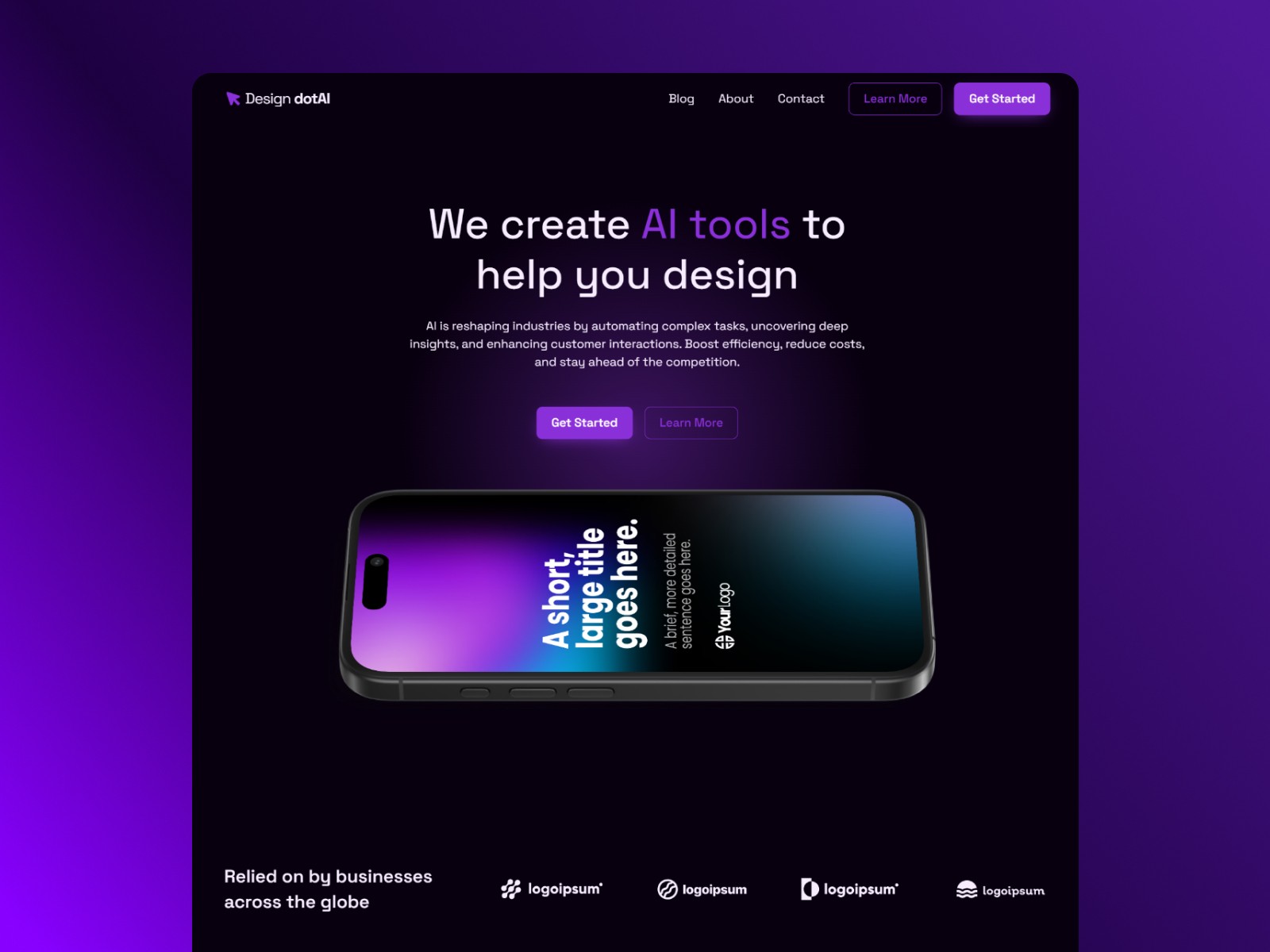 A clean and modern section of the "Design dotAI" template with a bold headline, "We create AI tools to help you design," emphasising the platform's purpose. A supporting paragraph explains how AI reshapes industries by automating tasks, uncovering insights, and enhancing efficiency while reducing costs. Two call-to-action buttons, "Get Started" and "Learn More," invite user engagement. Below the text, a smartphone mockup displays vibrant gradient visuals with placeholder text. The footer section highlights trusted partnerships with business logos. The dark purple theme enhances the futuristic and professional aesthetic, perfect for showcasing AI-driven solutions.