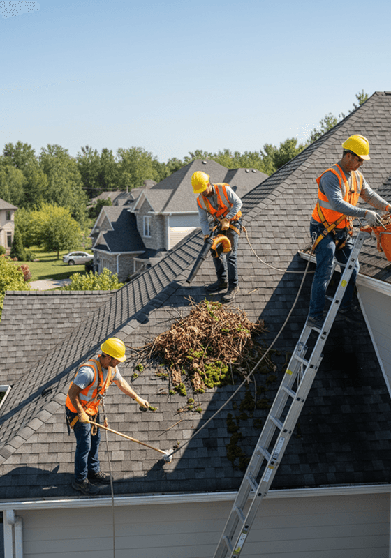 Roofing crew preparing safety ropes and fall protection gear before starting work.