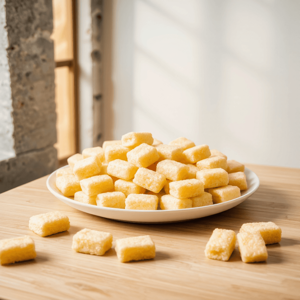 product photography of a plate of soft, rectangular snacks