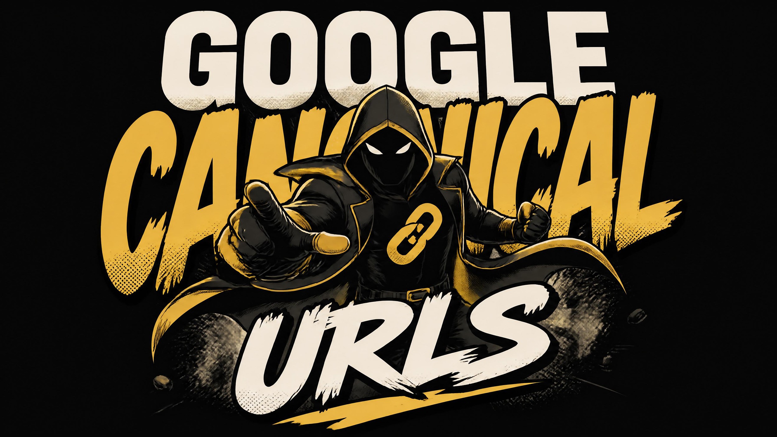 comic-book inspired t-shirt artwork, centered action character with huge bold text behind, clean vector illustration, luxury streetwear aesthetic, subtle halftone texture, black background with text "GOOGLE CANONICAL URLS"