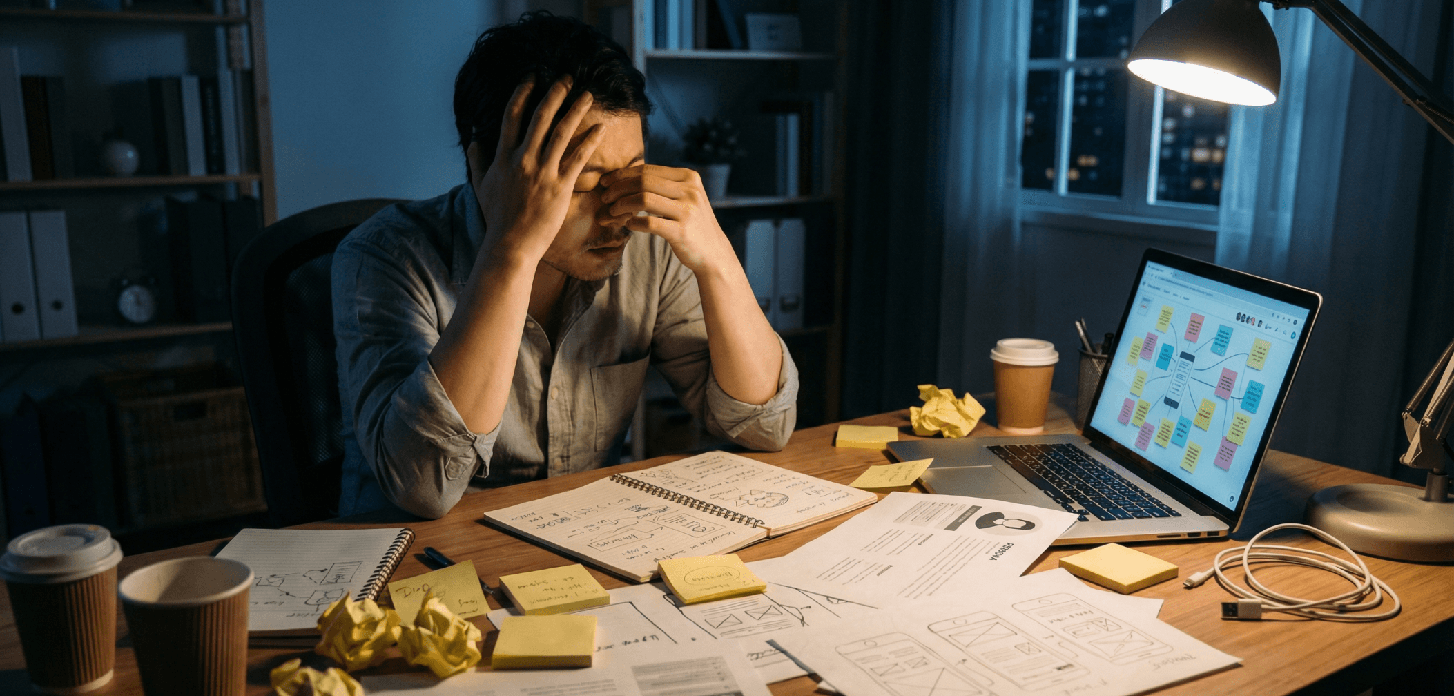 Stressed designer working late at a cluttered desk with UX sketches, sticky notes, and a laptop, showing burnout during a design project