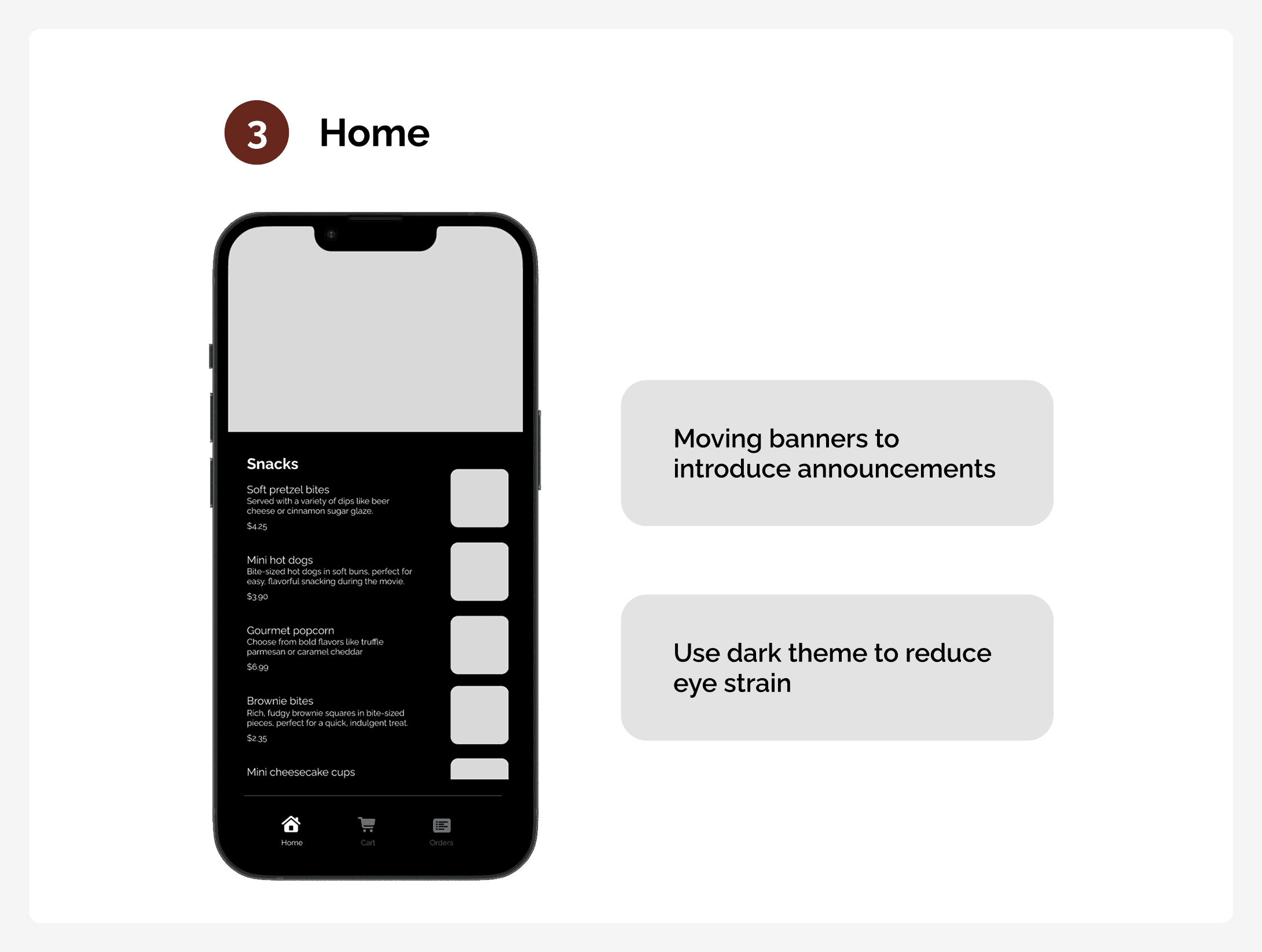 Step 3 of the Moovy Bites experience, allowing users to browse available snacks and drinks while viewing theater announcements through rotating promotional banners.