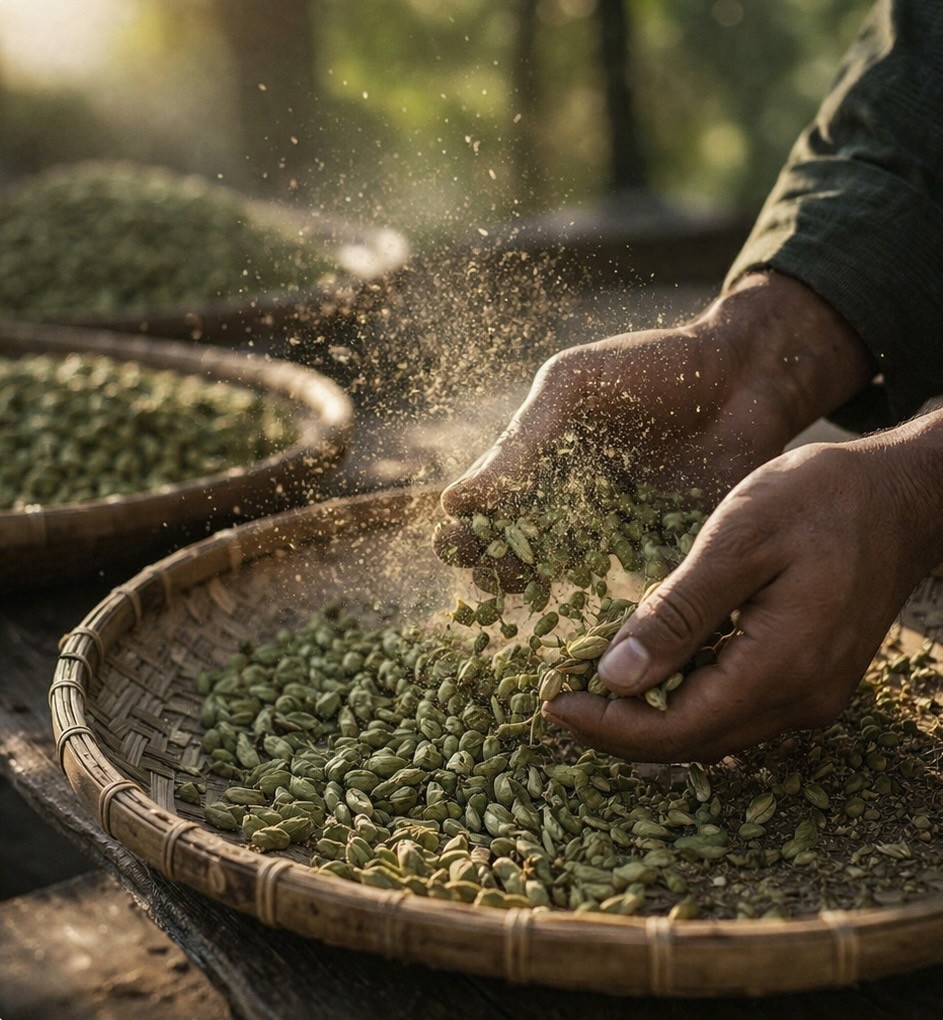 Spices being hand-sorted to ensure consistency and quality.