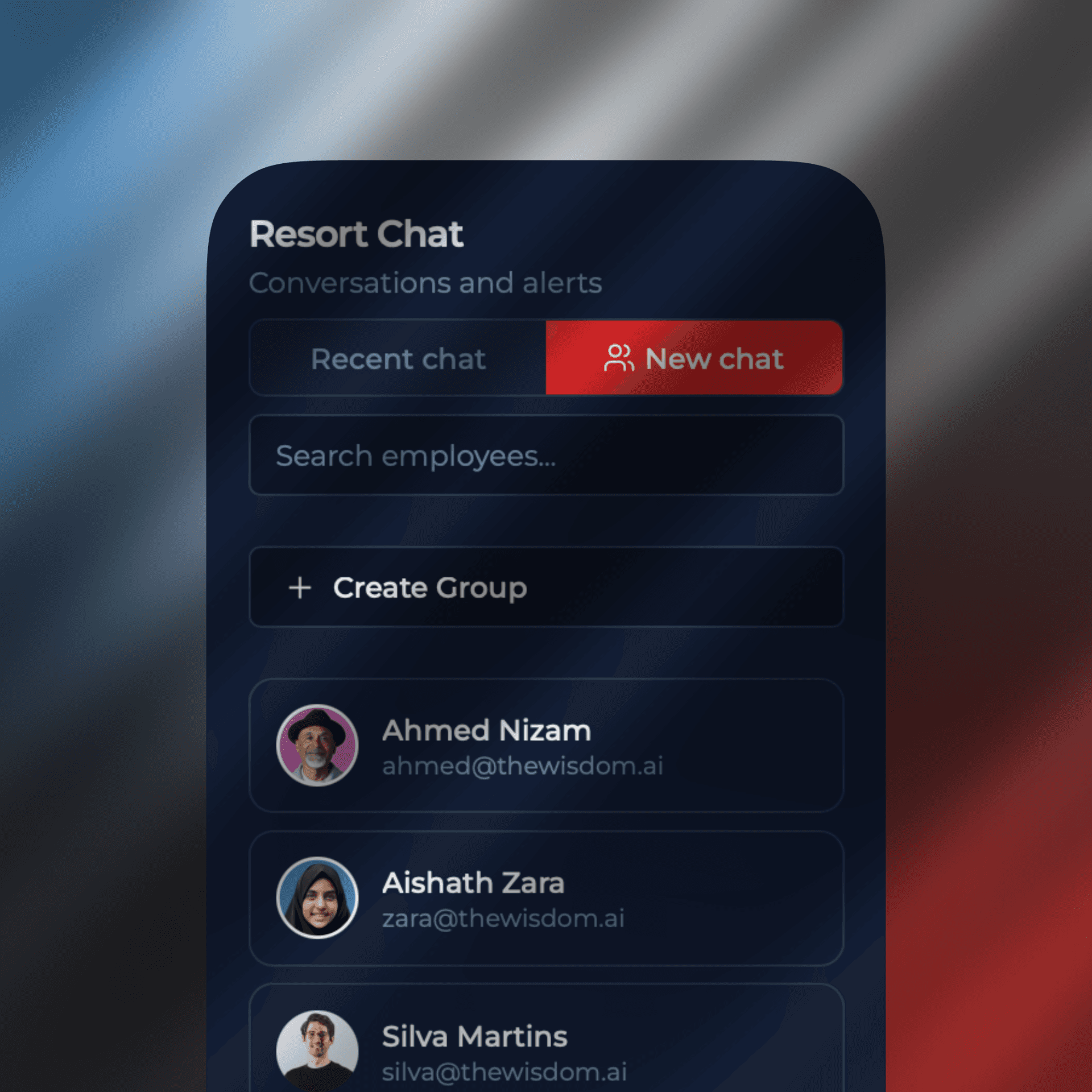 Mobile application screen displaying Tyros chat module dashboard with real-time team messaging, secure communication channels, and operational coordination features