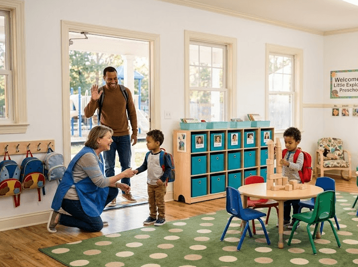 Teacher greeting a new child while another plays and a parent waves goodbye on the first day of daycare