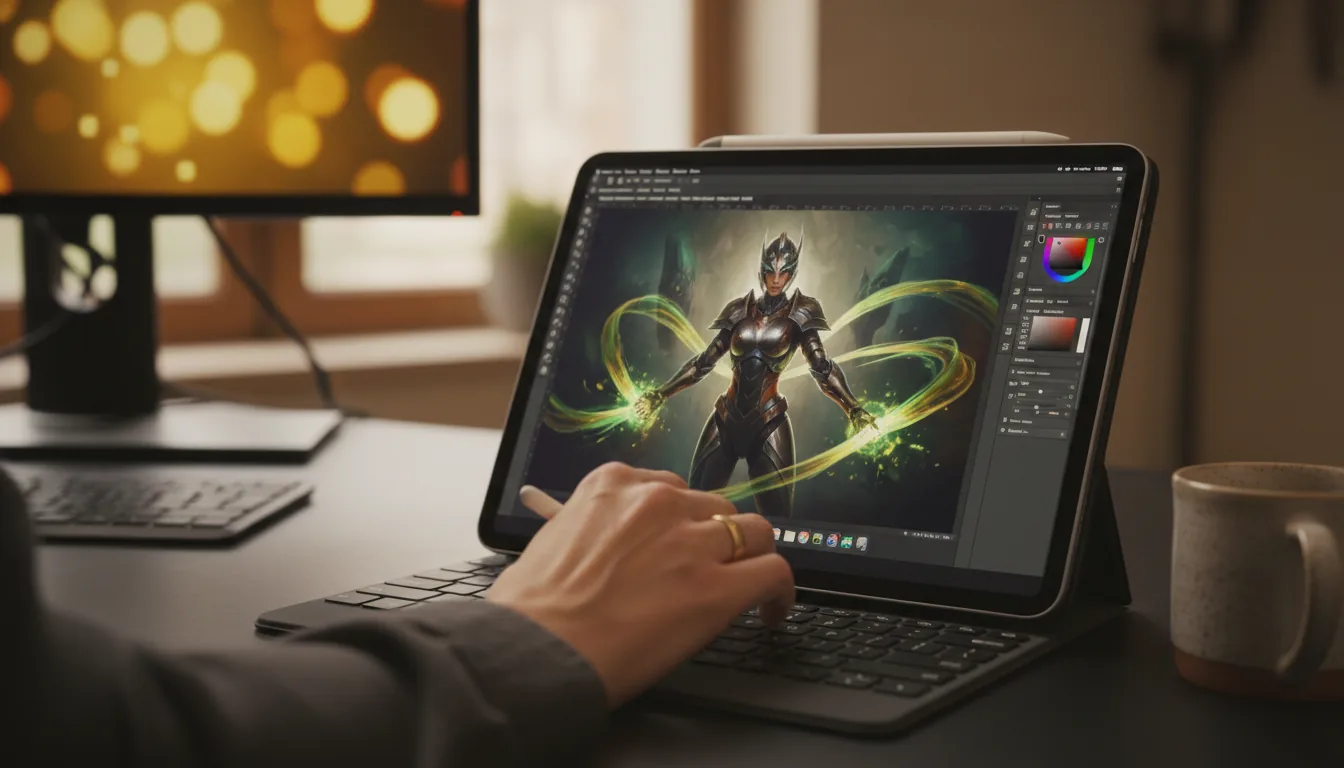 DSLR photograph from a close-up, slightly high angle of a creative professional's workspace, focusing on an iPad Pro with a dark grey keyboard case. The iPad screen displays the complex interface of Adobe creative software in a modern dark mode, showing a fantasy digital illustration of a female character in futuristic armor surrounded by swirling green and gold energy ribbons. A person's hand with a gold ring is touching the screen, adjusting color balance sliders within the UI. The iPad sits on a dark matte desk next to a speckled ceramic mug. In the background, a large computer monitor is visible with a shallow depth of field, creating significant bokeh. The scene is illuminated by warm, soft studio lighting.