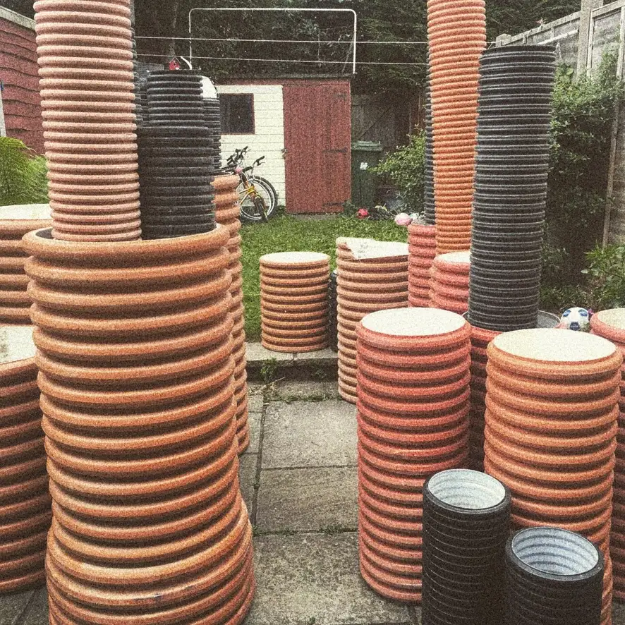 Drainage pipes in Filipe Henda back garden used for building the O7 drums