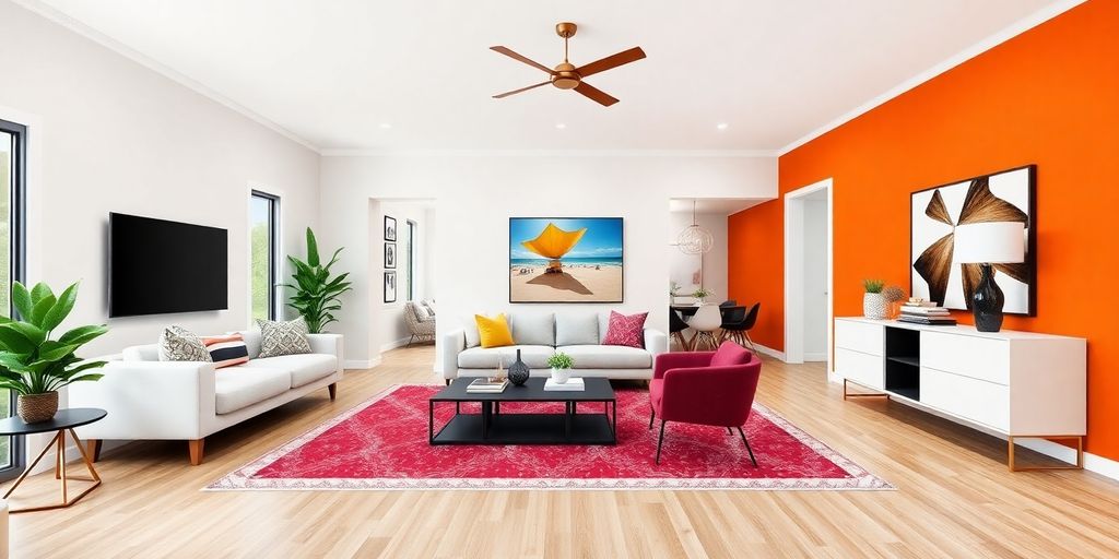 Digitally staged living room with modern furniture and decor.