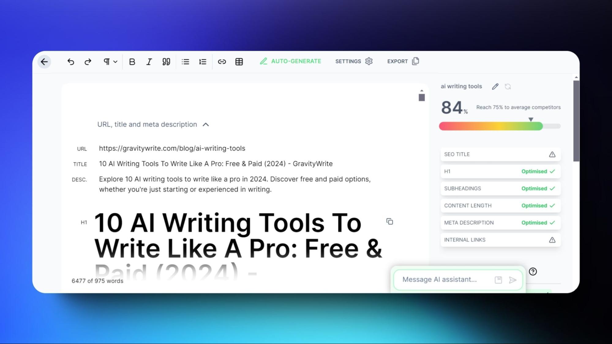 Screenshot of an AI-powered content editor writing a blog about AI writing tools in 2024, optimized for SEO with suggested improvements in subheadings.