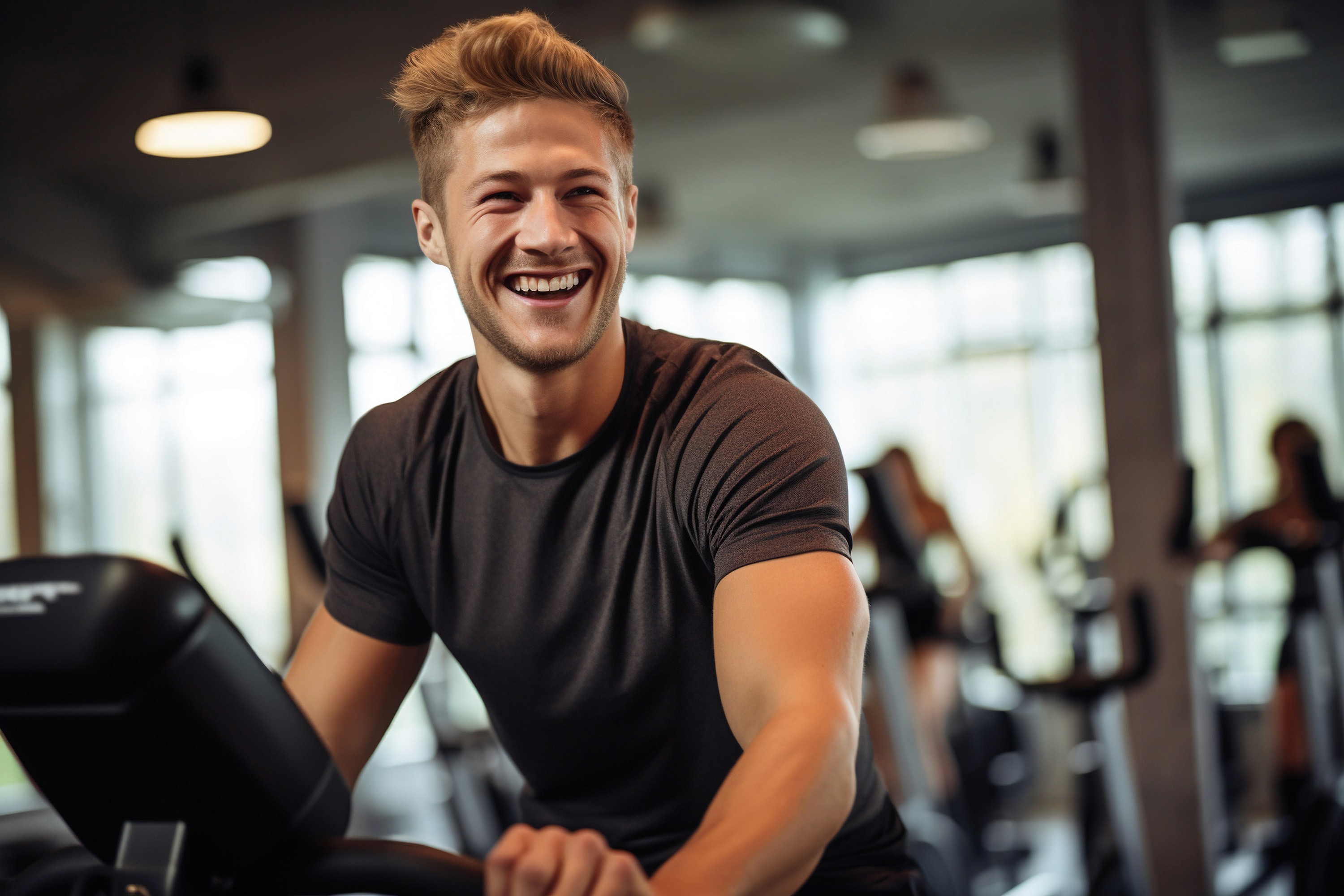 A person celebrating a fitness milestone in a gym environment, representing achievement tracking and workout success.