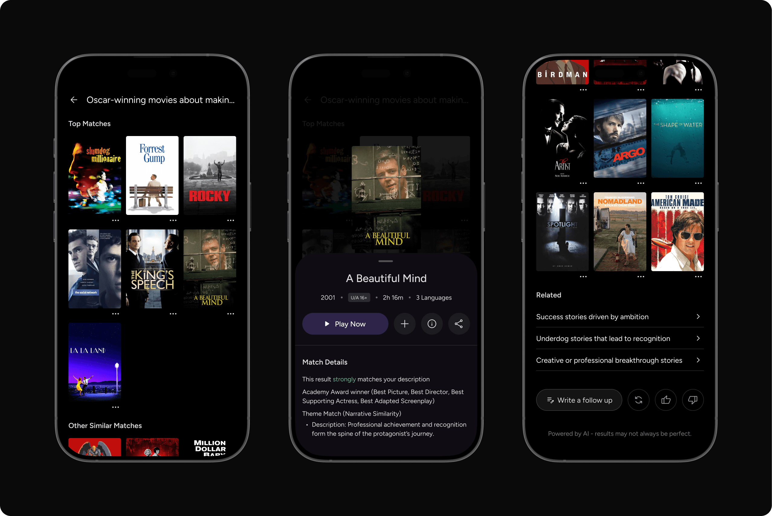 Three mobile screens showing hybrid AI search results for “Oscar-winning movies about making it big,” combining award metadata and theme matching, with a detailed view for A Beautiful Mind and related narrative refinements