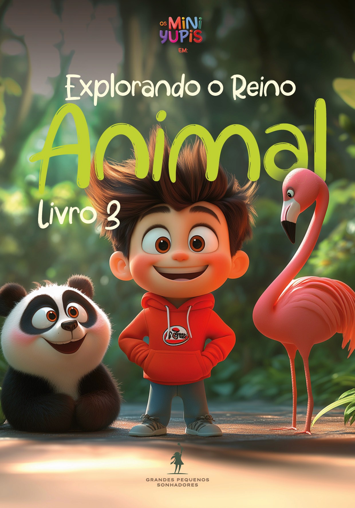 Ilustração de um menino com um panda e um flamingo em um ambiente de floresta exuberante. O título diz: 'Explorando o Reino Animal - Livro 3'