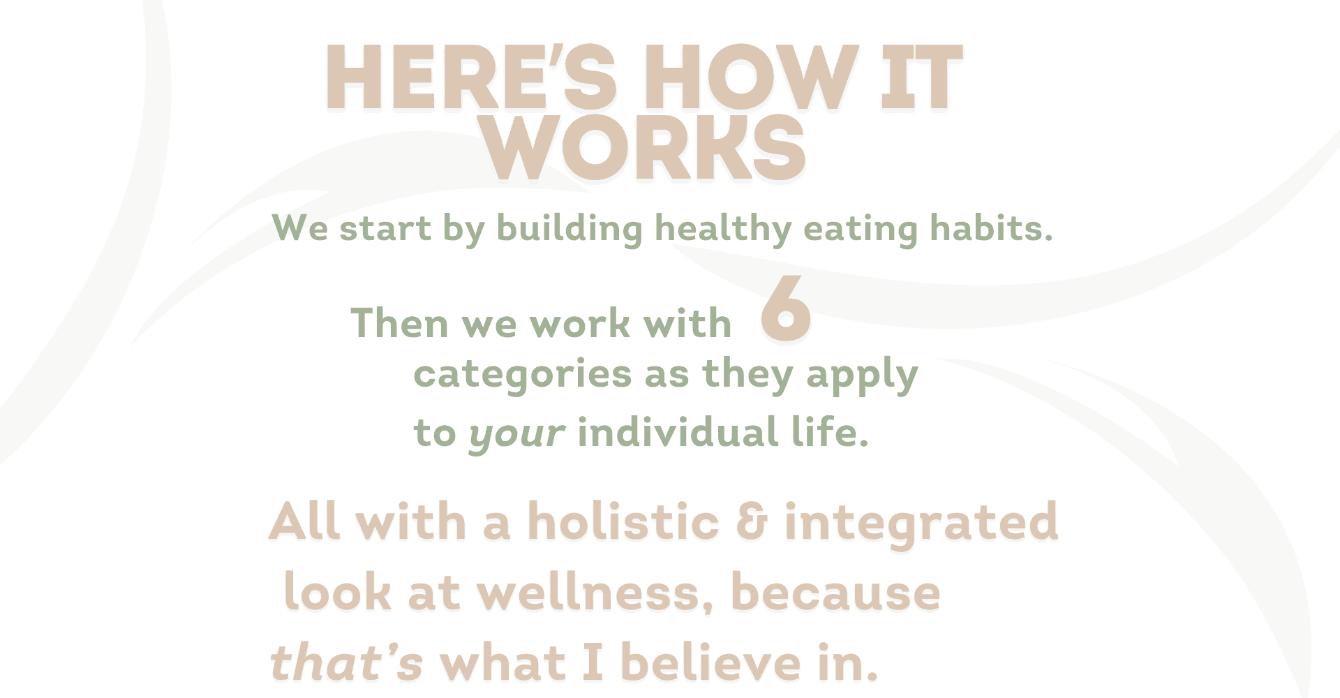 Here's How It Works. We start by building healthy eating habits. Then we work with 6 catergories as they apply to your individual life. All with a holistic & intergrated look at wellness, because that's what I believe in.