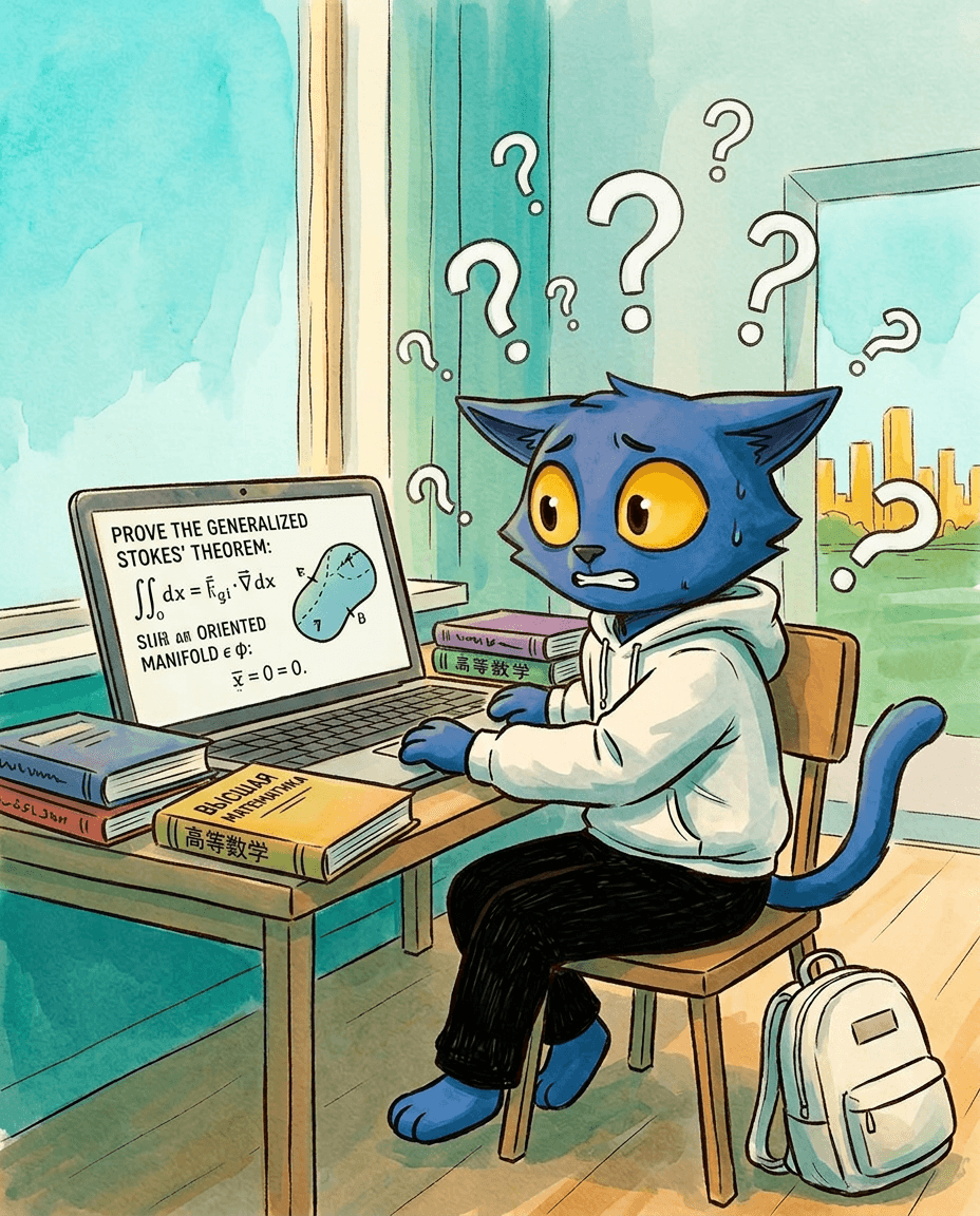 Blue cartoon cat surrounded by books, staring confused at a laptop screen with complex math formulas and question marks floating around
