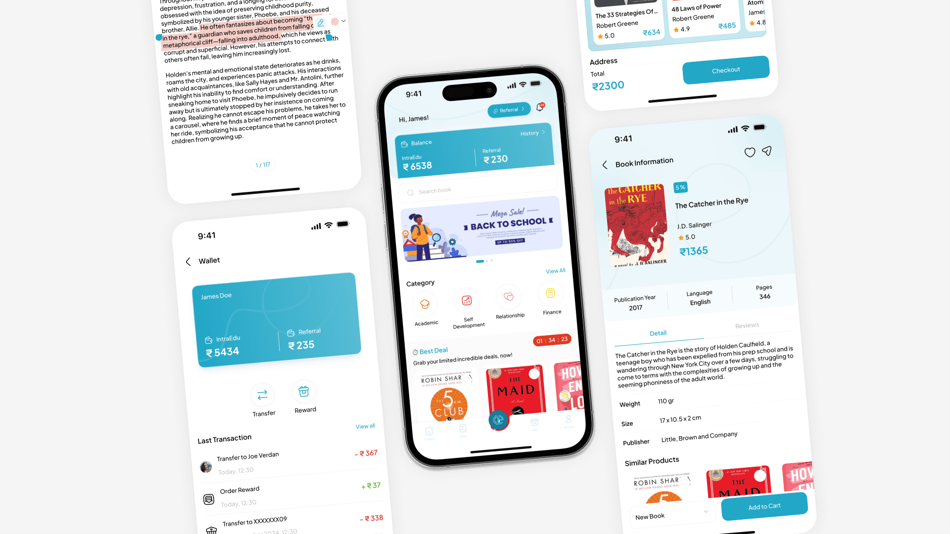 Flat lay of five smartphone screens displaying a mobile app interface. Includes user balance, book details, and transaction history. Modern, informative design.