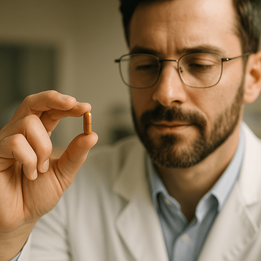 Scientish holding an ashwagandHi capsule