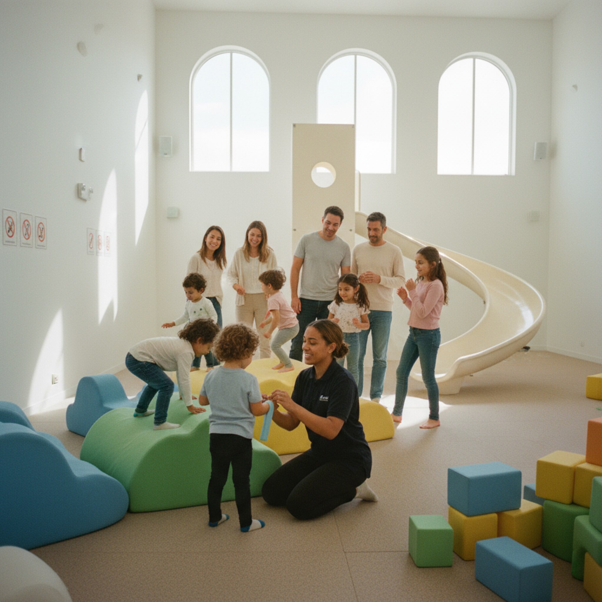 Unter hellem Tageslicht klettern Kinder über weiche Klettermodule, während bunte Schaumstoffbausteine ordentlich gestapelt sind. Ein Mitarbeiter befestigt einem Kind ein farbiges Armband und lächelt beruhigend zu den Eltern. Im Hintergrund glänzt die Rutsche, der Boden ist sauber und rutschfest. Leise Musik und gedämpfte Farben schaffen eine freundliche, sichere Atmosphäre.