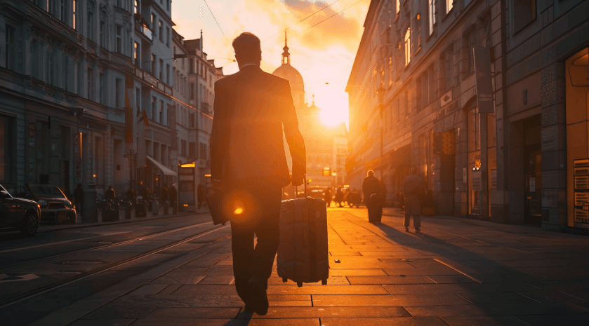 Man loopt met een koffer door een stad tijdens zonsondergang.