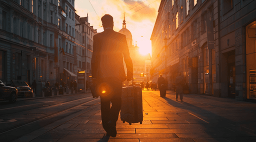 Man walking down a city street with a suitcase during sunset.