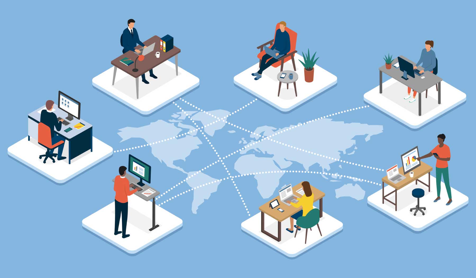 Illustration of people working at desks across the glode that are connected with lines.
