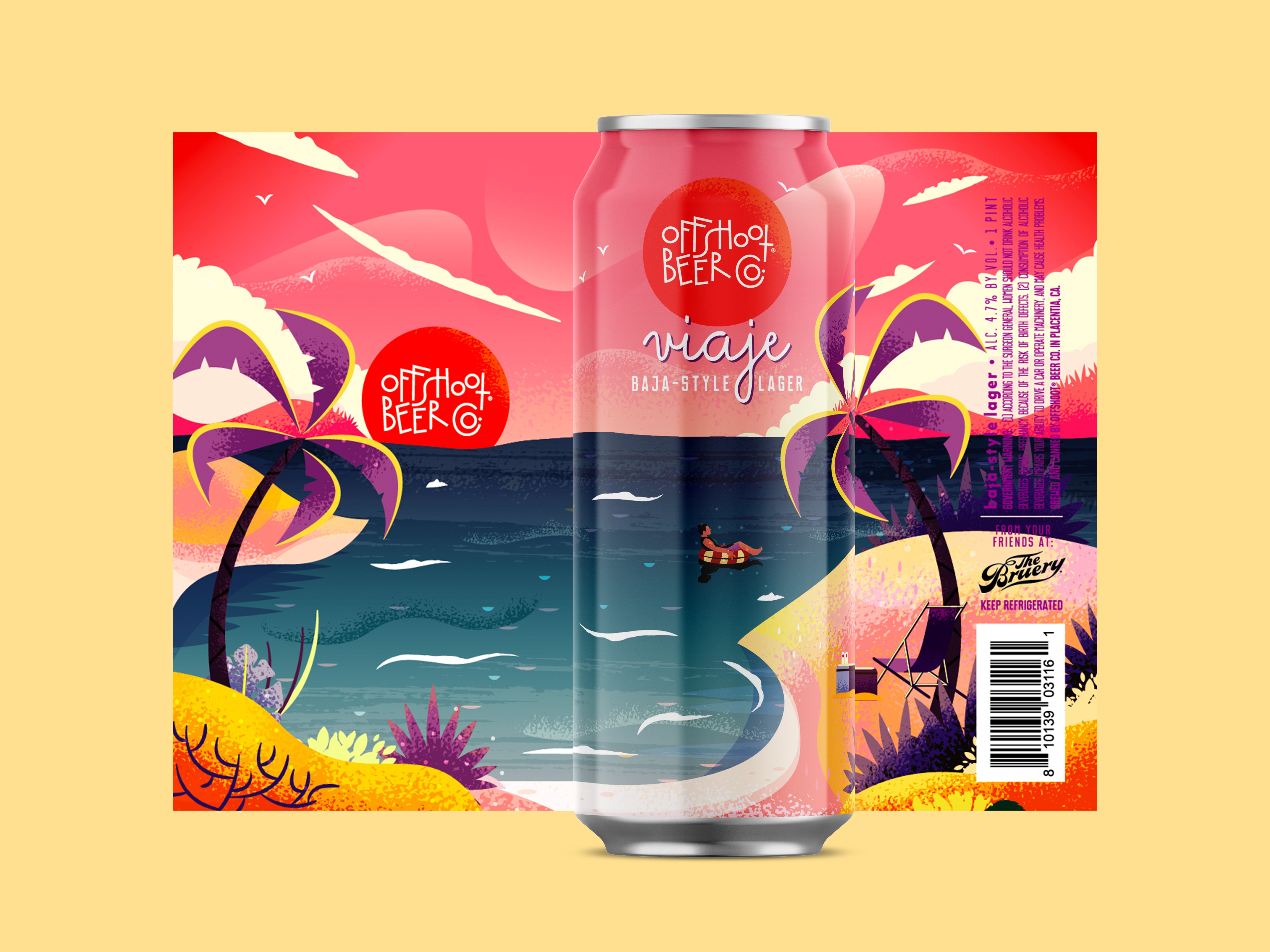Tropical sunset beer can illustration with palm trees