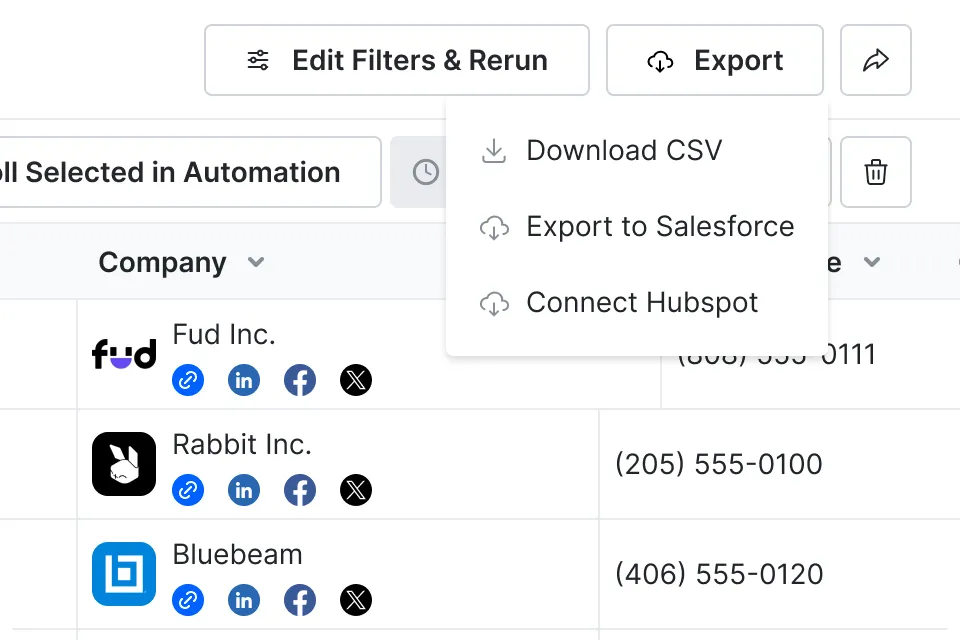 Export enriched lead lists easily for analysis and external use to optimize sales strategies.