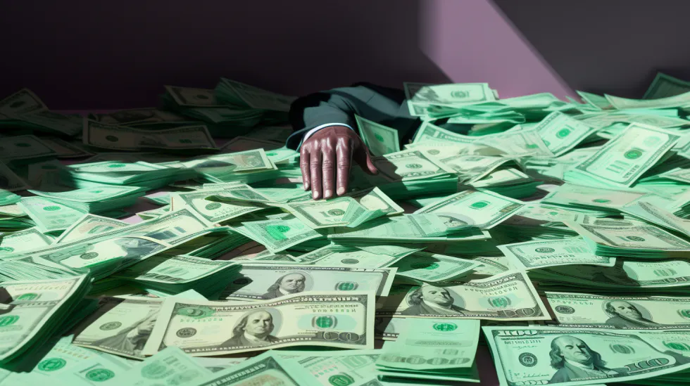 A mannequin hand sits on a pile of money