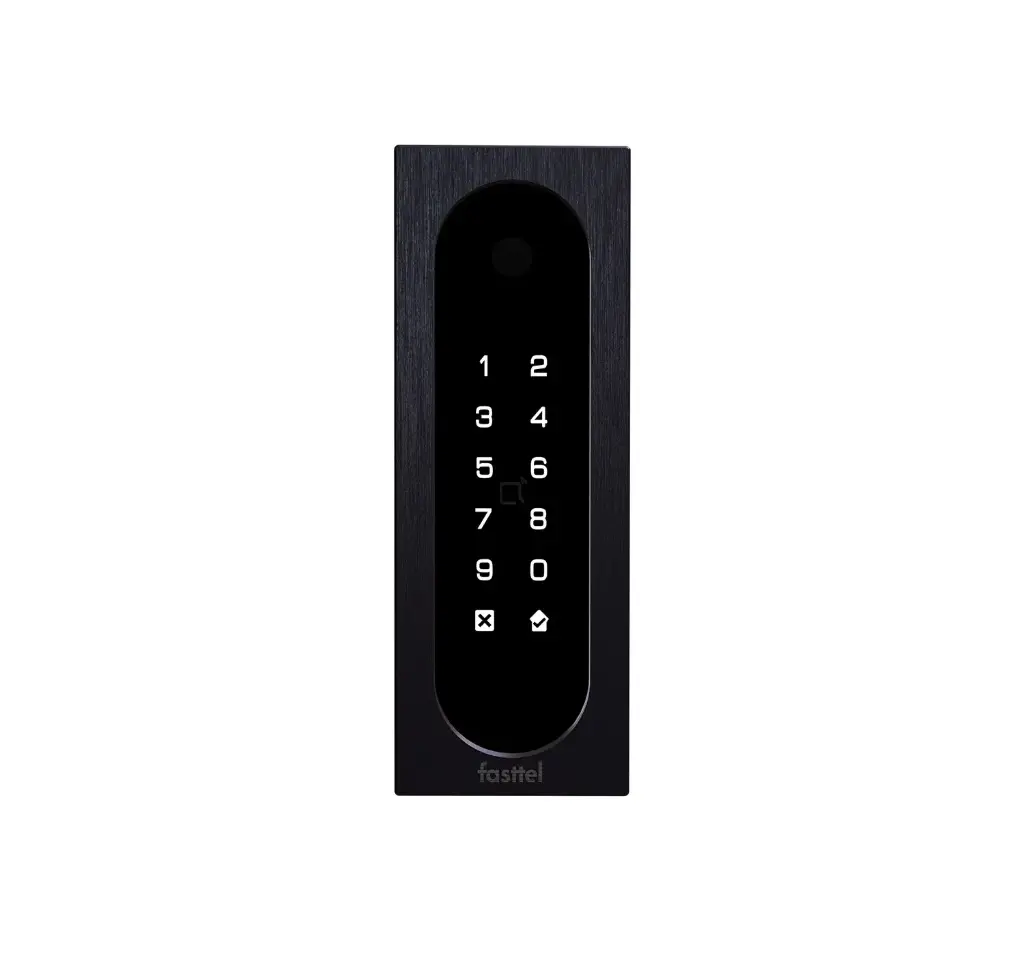 Black smart home device with screen showing time and temp