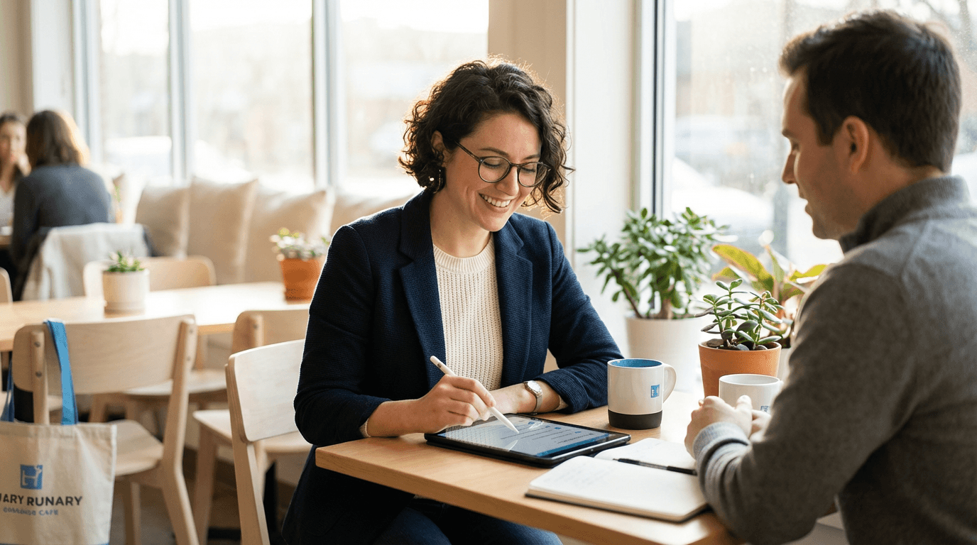 Young professional woman taps a tablet checklist while an advisor listens with a notebook at a cozy cafe table, both smiling and engaged to convey clarity, warmth, and trust.