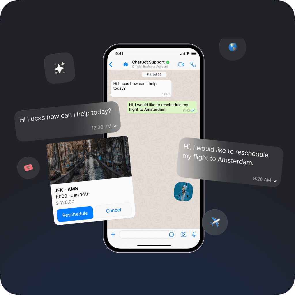 Conversación con soporte de chatbot en WhatsApp, reprogramando un vuelo a Ámsterdam con asistencia personalizada, incluidos los detalles del vuelo y una opción de reprogramación.