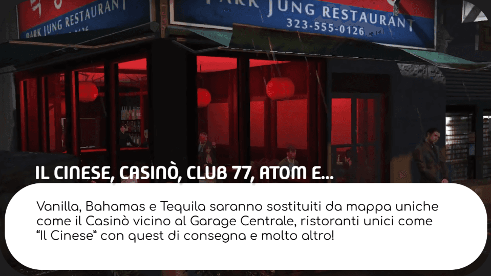 Vista esterna del Locale "il Cinese". Una guardia sta in piedi vicino alla porta. Luci rosse caratterizzano l'interno pieni di clienti