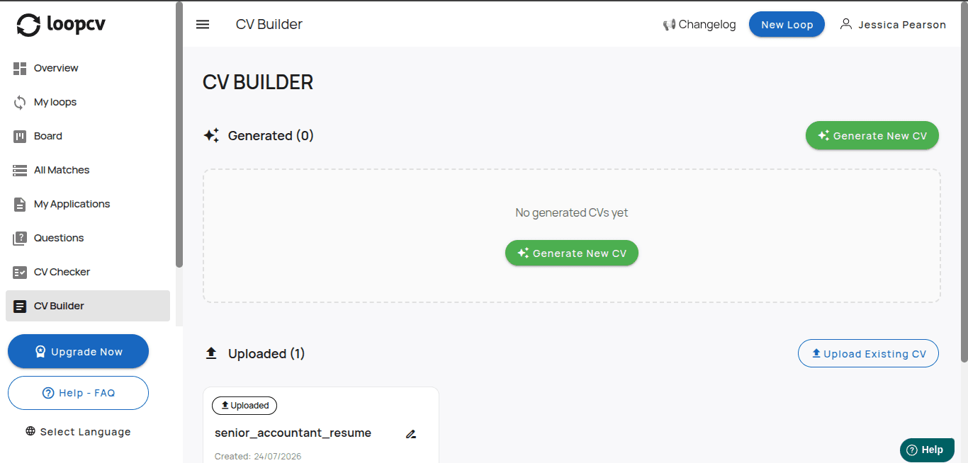 LoopCV CV Builder showing one uploaded resume and zero generated CVs