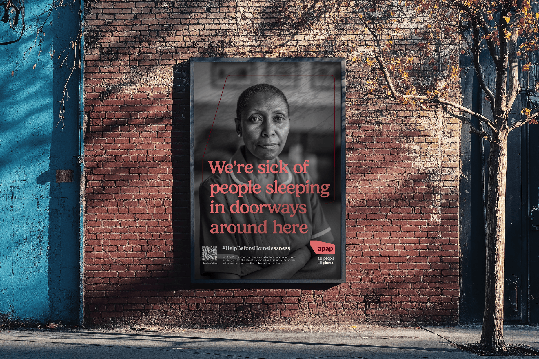 Black and white poster saying we're sick of people sleeping in doorways around here