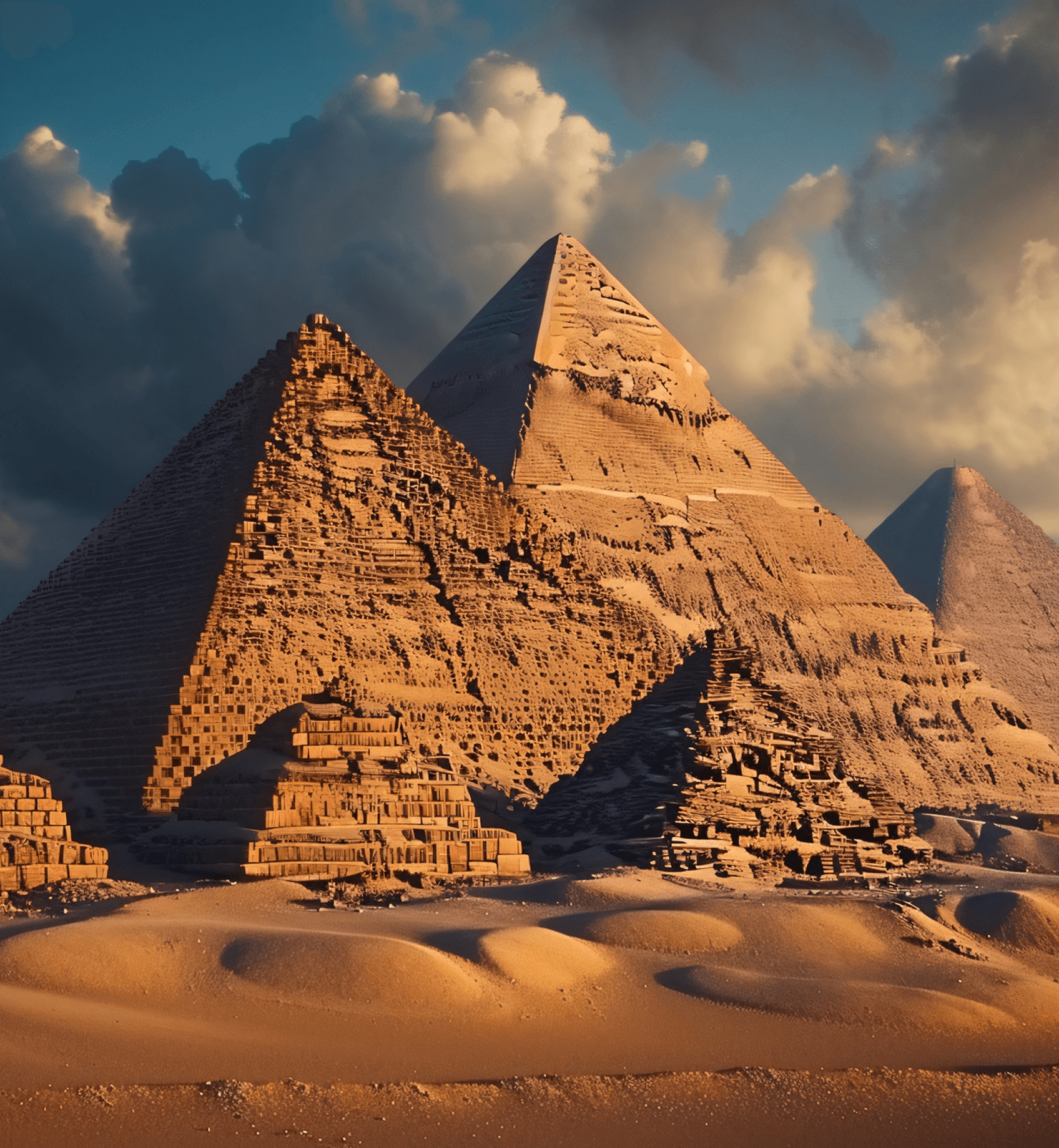 Blocky, partially eroded pyramids in a desert at sunset with dramatic clouds.