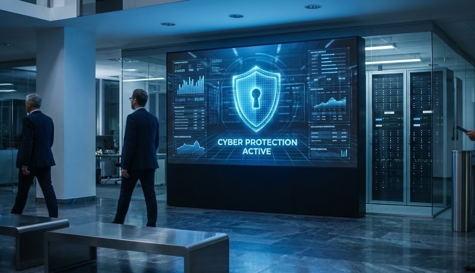 Ecrã digital gigante em lobby de escritório moderno exibe um escudo azul com a mensagem "CYBER PROTECTION ACTIVE". Pessoas e uma sala de servidores são visíveis no fundo.