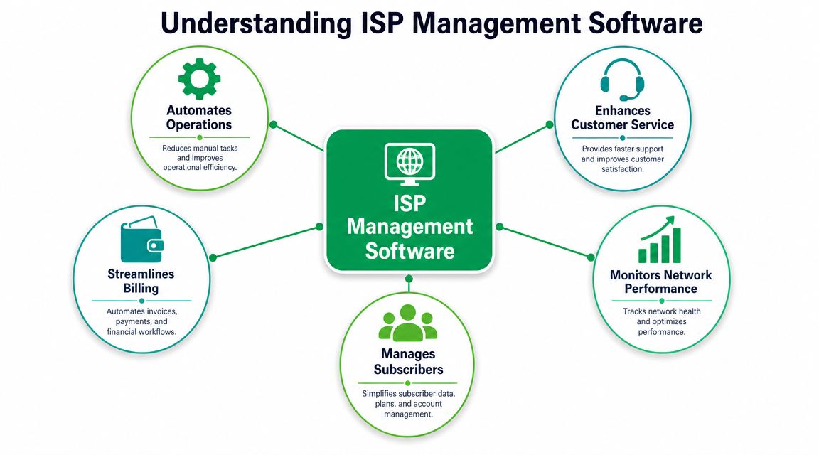 A diagram illustrating the key benefits of ISP management software including operations, billing, customer service, performance, and subscribers.
