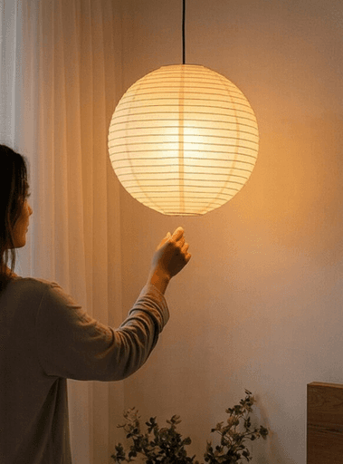 Dämmerung auf dem Balkon einer Eigentumswohnung in Remshalden. Eine Frau schaltet die Ballonlampe im Schlafzimmer an und schafft eine stimmungsvolle Atmosphäre für den Abend.