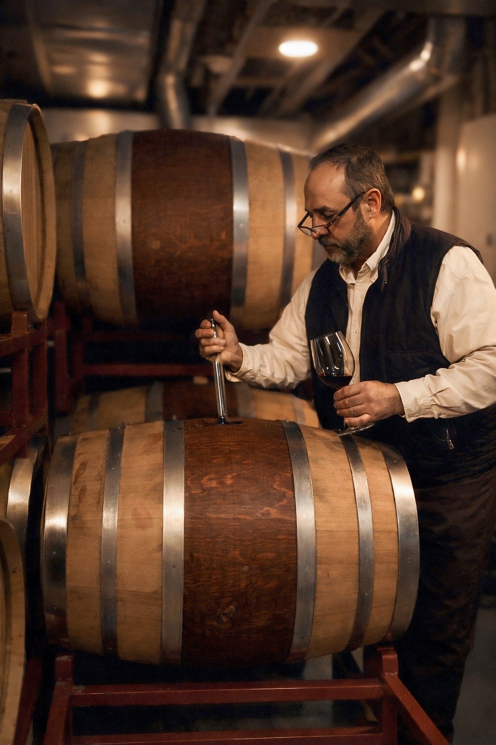 Michael Profeta tasting a young red drawn from a French oak barrel