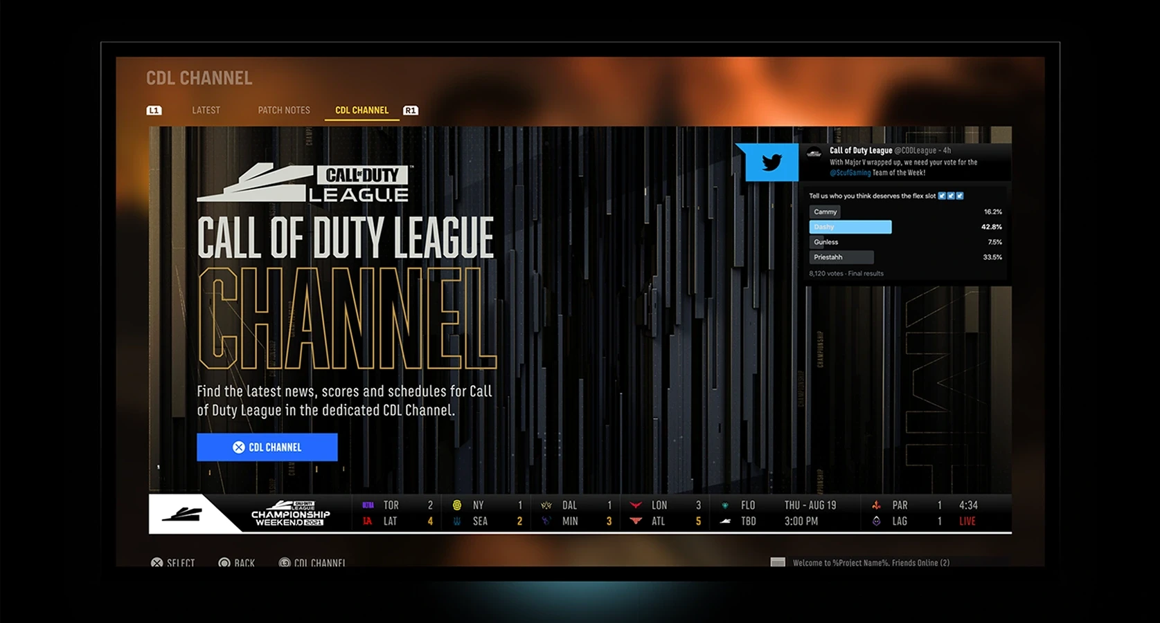 The CDL Channel entry screen, with league updates and a match ticker.